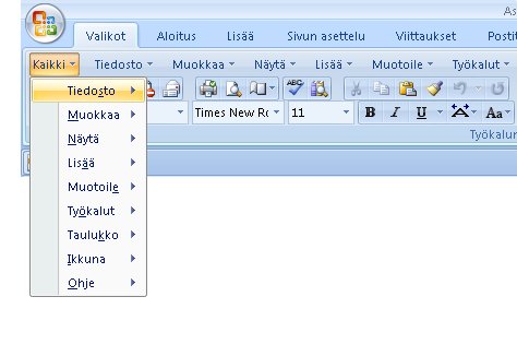 Näin perinteiset valikot näkyvät Word 2007:ssä